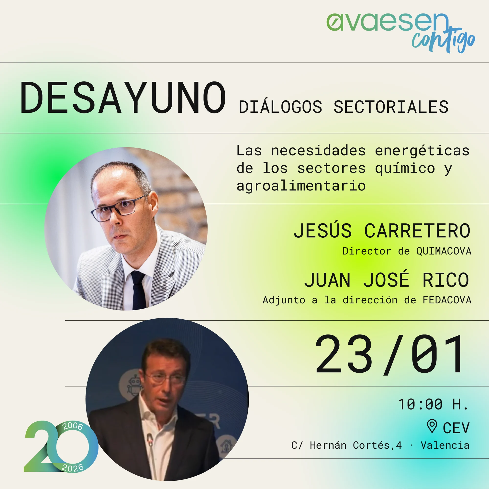 AVAESEN, CONTIGO: Desayunos | Di�logos Sectoriales con Jes�s Carretero (QUIMACOVA) y Juan Jos� Rico (FEDACOVA)